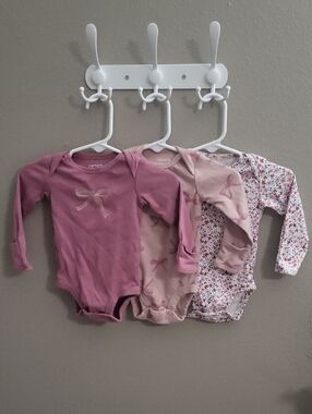 Carter's Girls Mauve & Light Pink Long-Sleeve Bow Bodysuit Set (3-Pack)